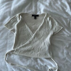 Forever 21 Ribbed V-Neck Wrap Blouse in Cream